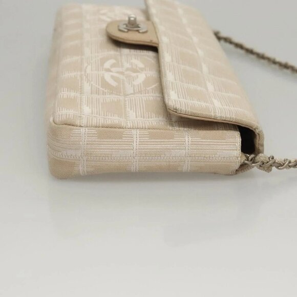 CHANEL New Travel line Choco Bar Chain Shoulder Bag Nylon Beige CC Auth 120002 - Picture 3 of 16